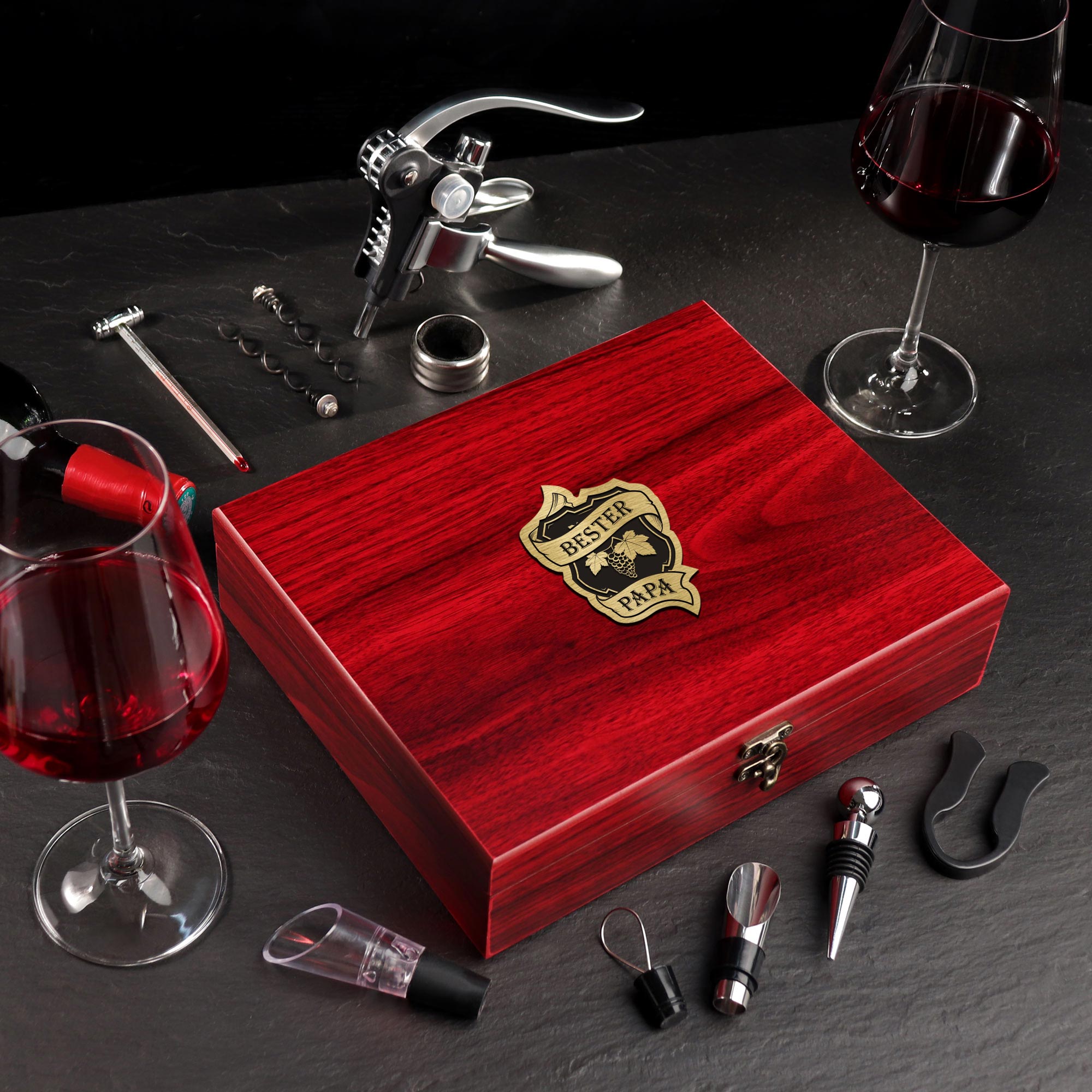 Sommelier Weinset 10-teilig als Geschenk für Weinliebhaber, Wein Zubehör im Geschenkset mit Gravur für Besten Papa, edles Weinsommelier Set in Holz