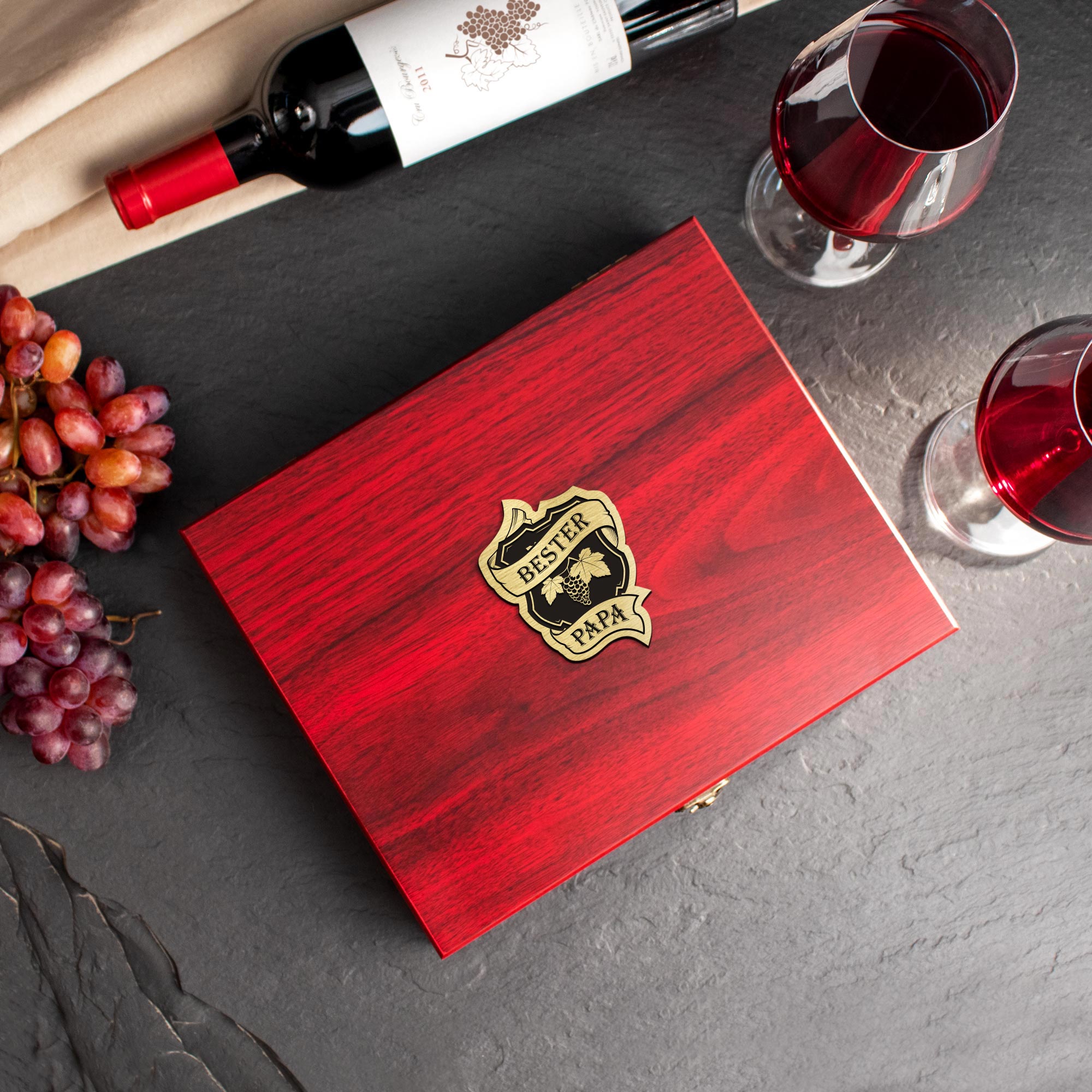 Sommelier Weinset 10-teilig als Geschenk für Weinliebhaber, Wein Zubehör im Geschenkset mit Gravur für Besten Papa, edles Weinsommelier Set in Holz