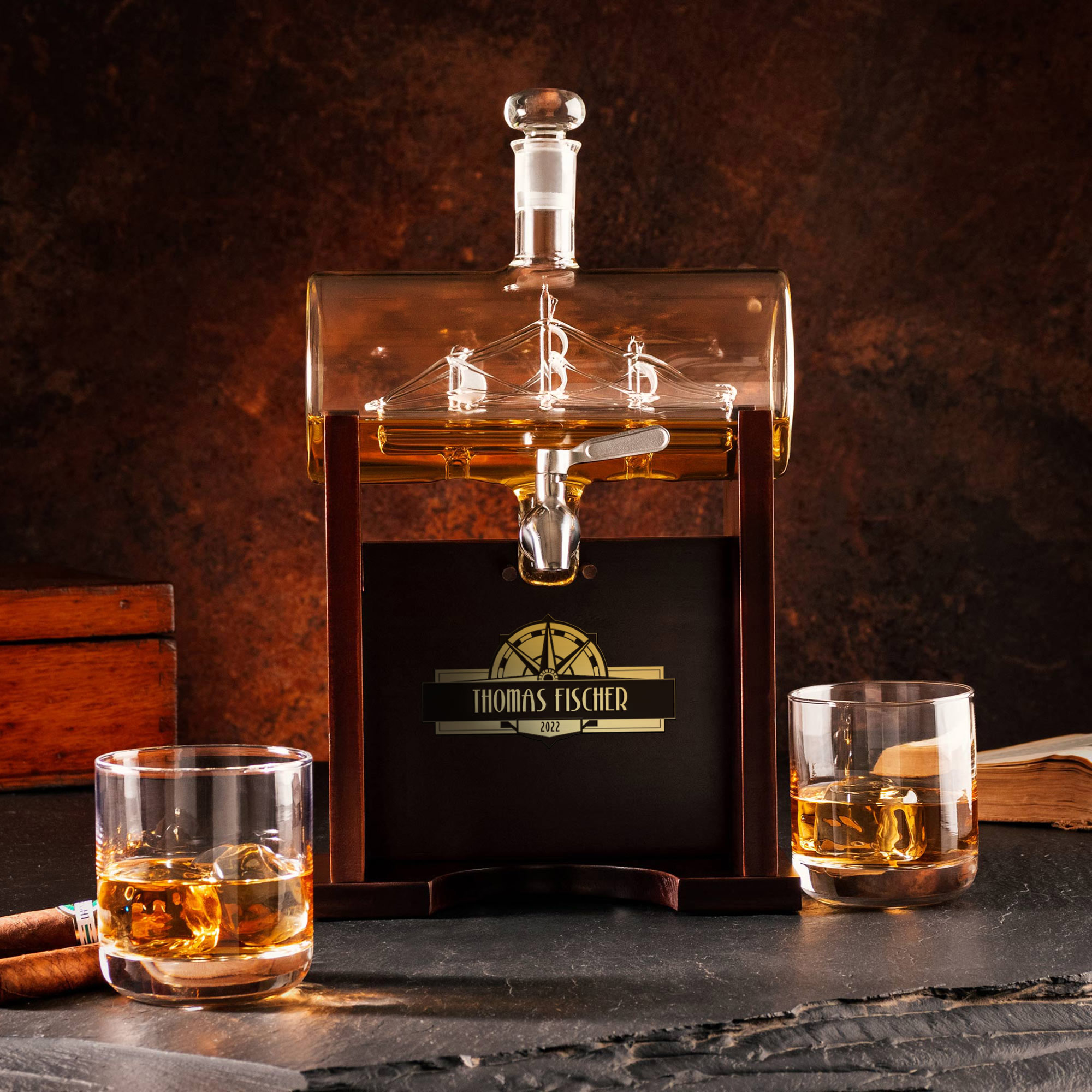 Whisky Set mit Gravur - Karaffe Fass mit 2 Whiskygläsern